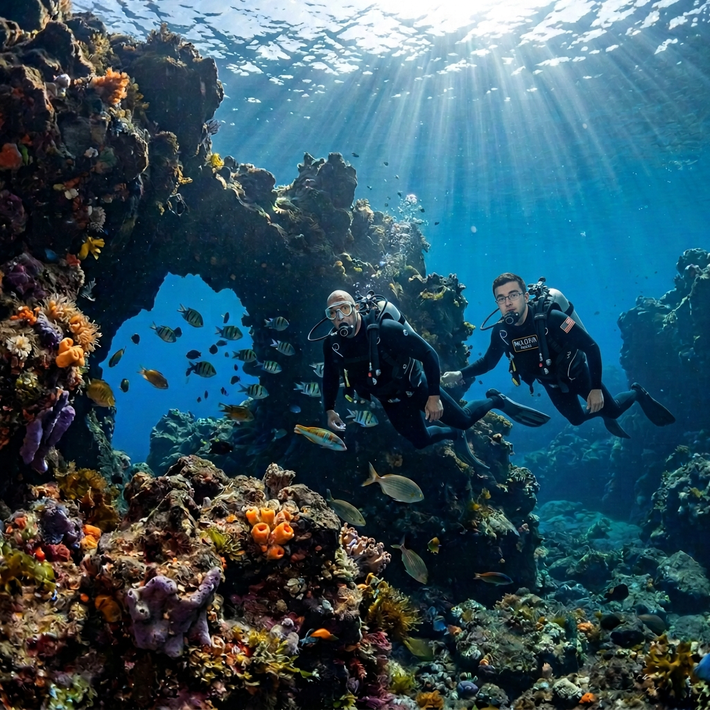 Colorful coral reef with tropical fish beneath rays of sunlight