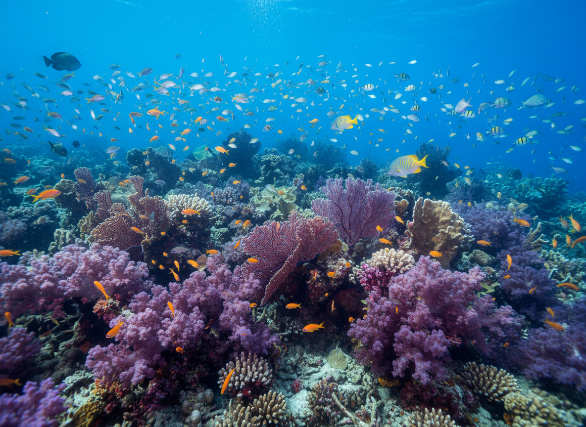 Corales blandos y abanicos de mar con peces de arrecife en Raja Ampat