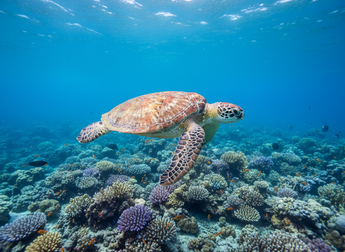 Tortuga verde nadando sobre el arrecife de la Gran Barrera de Coral