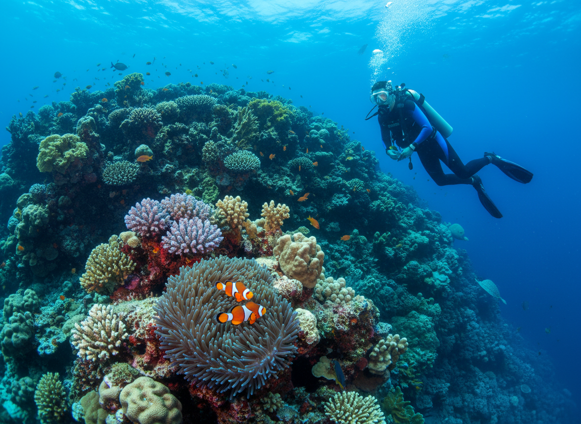 Pez payaso en anémona y buceador explorando el arrecife de la Gran Barrera de Coral