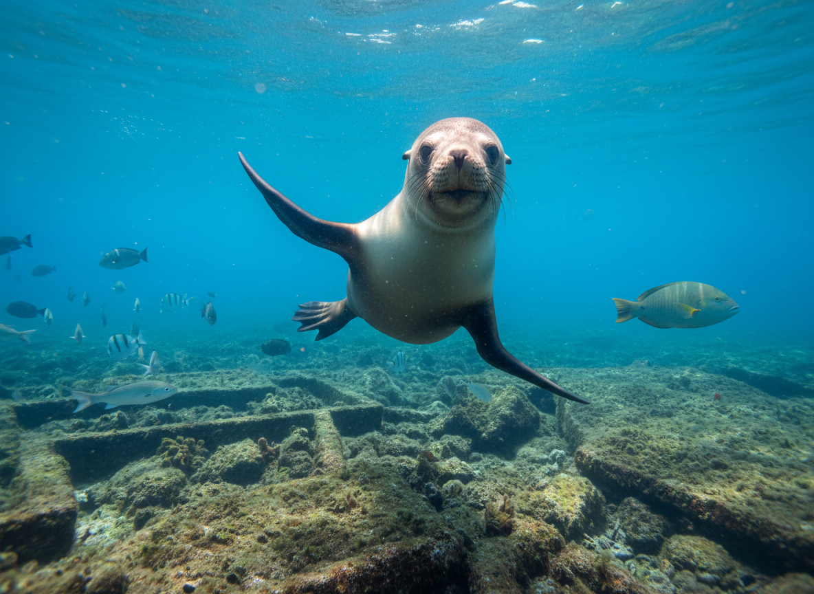 Lobo marino juguetón nadando en las aguas de Galápagos