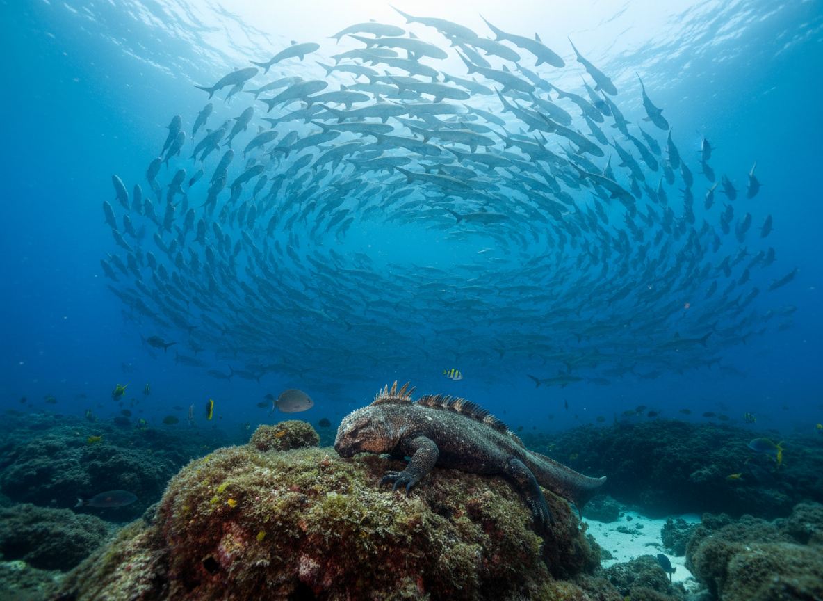 Banco de tiburones martillo en las aguas azules de Galápagos