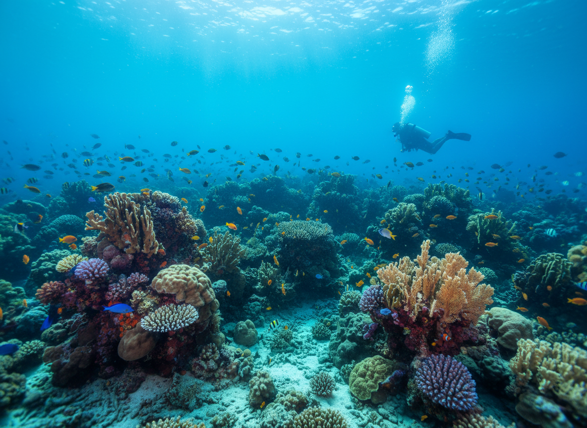 Paisaje submarino con arrecife de coral colorido y rayos de sol atravesando el agua turquesa